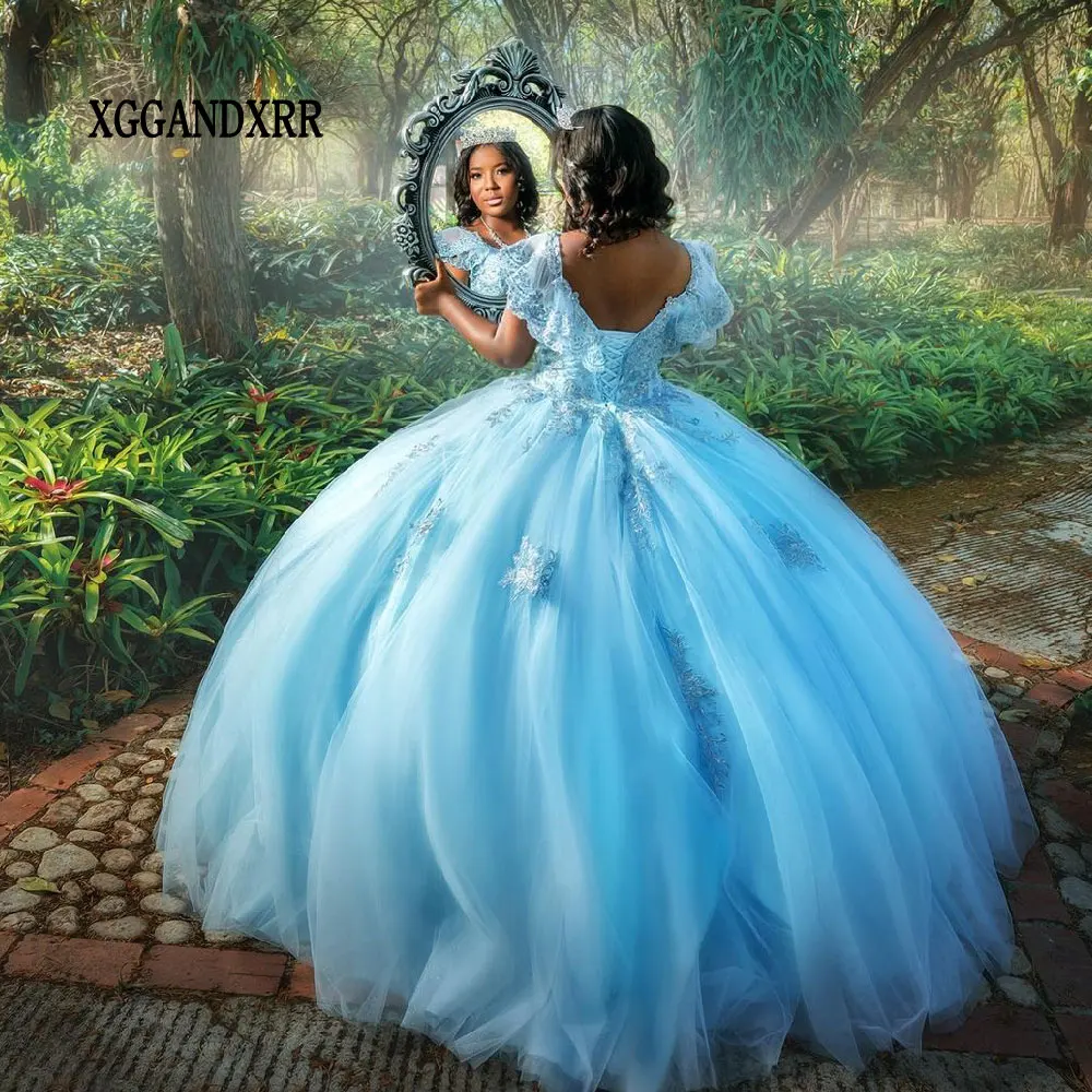 Eleganti abiti Quinceanera blu 2024 Vestido De 15 aecos Sweet 15 16 Off spalla Backless Sweet 15 16 XV Birthday Prom Party