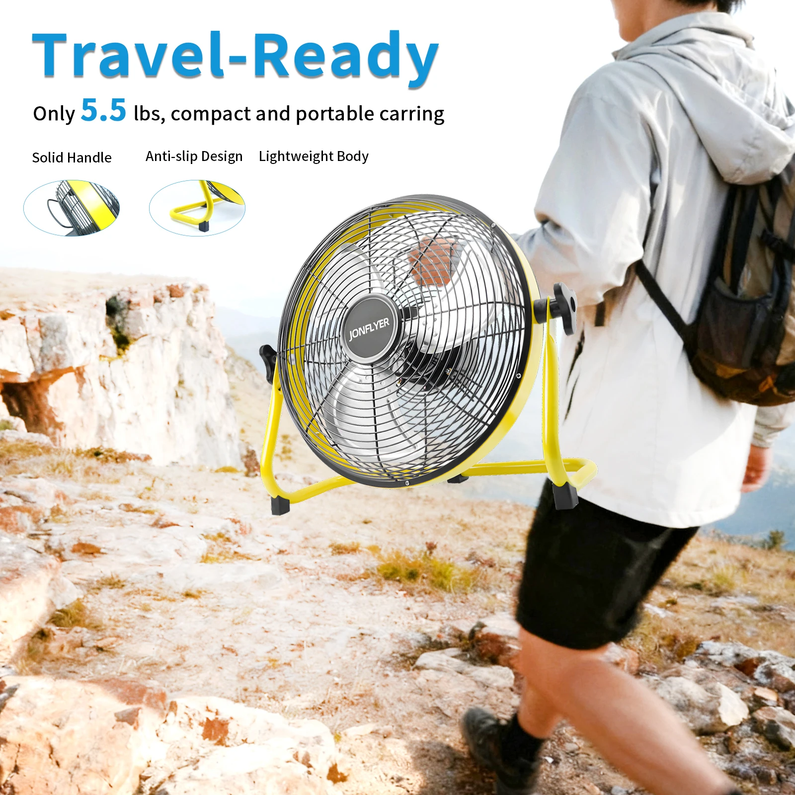 

High-Speed Rechargeable Wireless Portable Metal Blade Fan for Outdoor Camping Long Battery Life Floor Fan With USB Charging Port