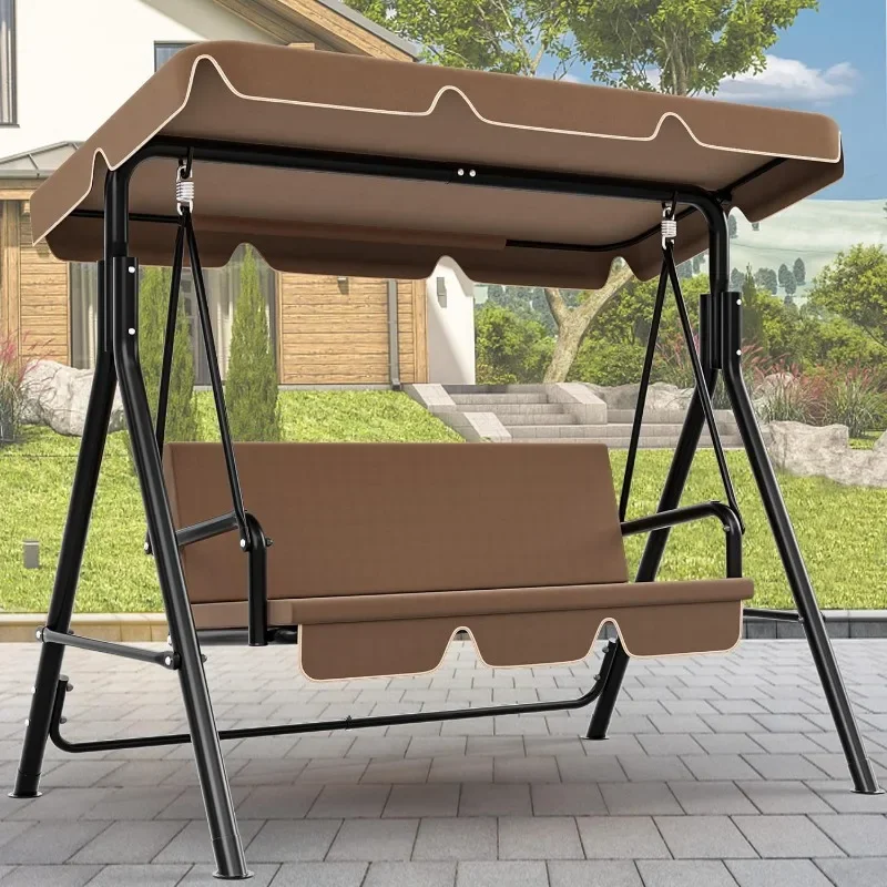 3-Seat Porch Swing Outdoor Heavy Duty Patio Swing Chair with Stand Adjustable Canopy Soft Cushion for Garden, Patio, Lawn