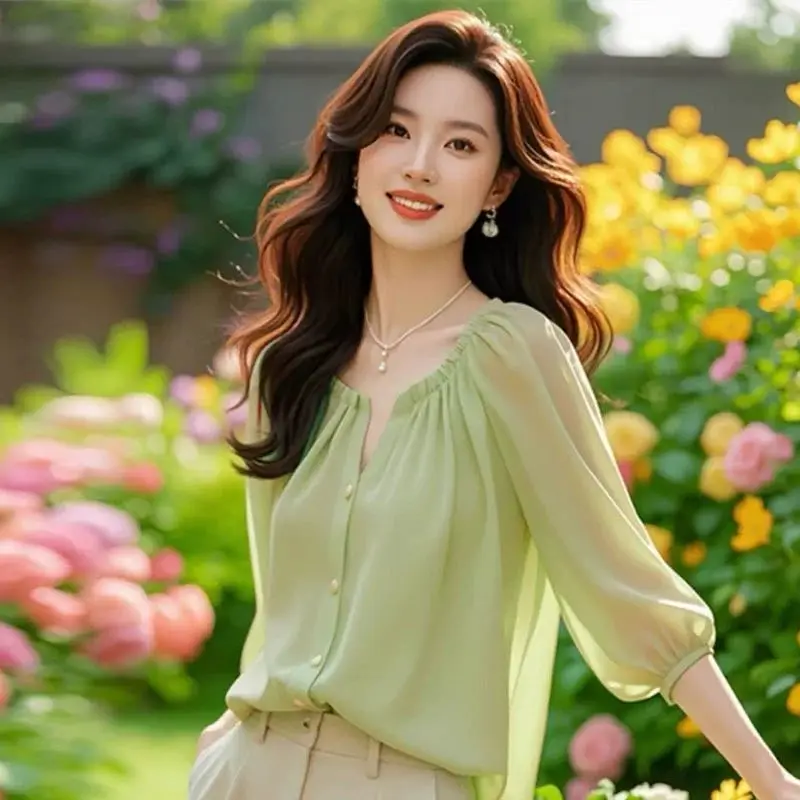 

Французская шифоновая рубашка для женщин с рукавами три четверти, шикарная и красивая рубашка, свободный модный топ, уменьшающий возраст