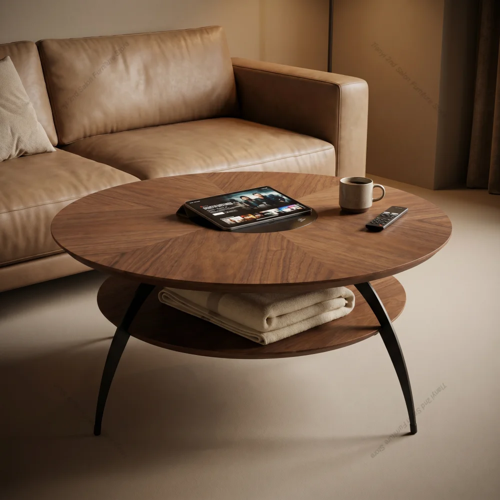 American Round Coffee Table with Inlaid Tabletop & Carbon Steel Legs Walnut Color Living Room Center Table Café Furniture FYCT
