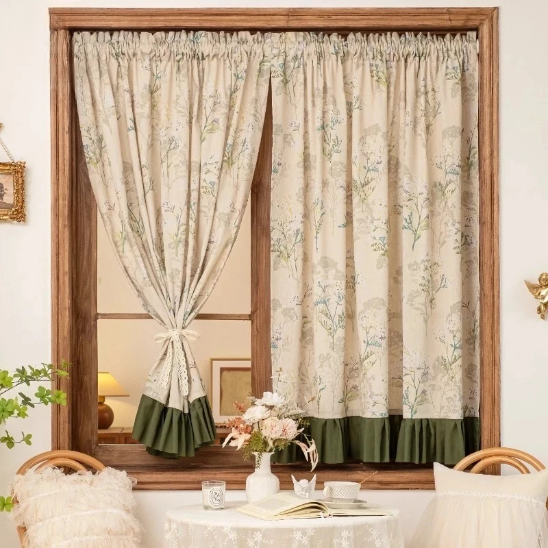 American Country Green Branch Vines Pastoral Style Fresh Cotton Linen Printed Curtains for Living Room Balcony Half Shading