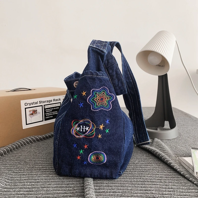 Washed Denim Tote Bags For Women Shoulder Book Bag Blue Jean Star Embroidery Multi-pocket Big Capacity Shopper Messenger Y2K Bag