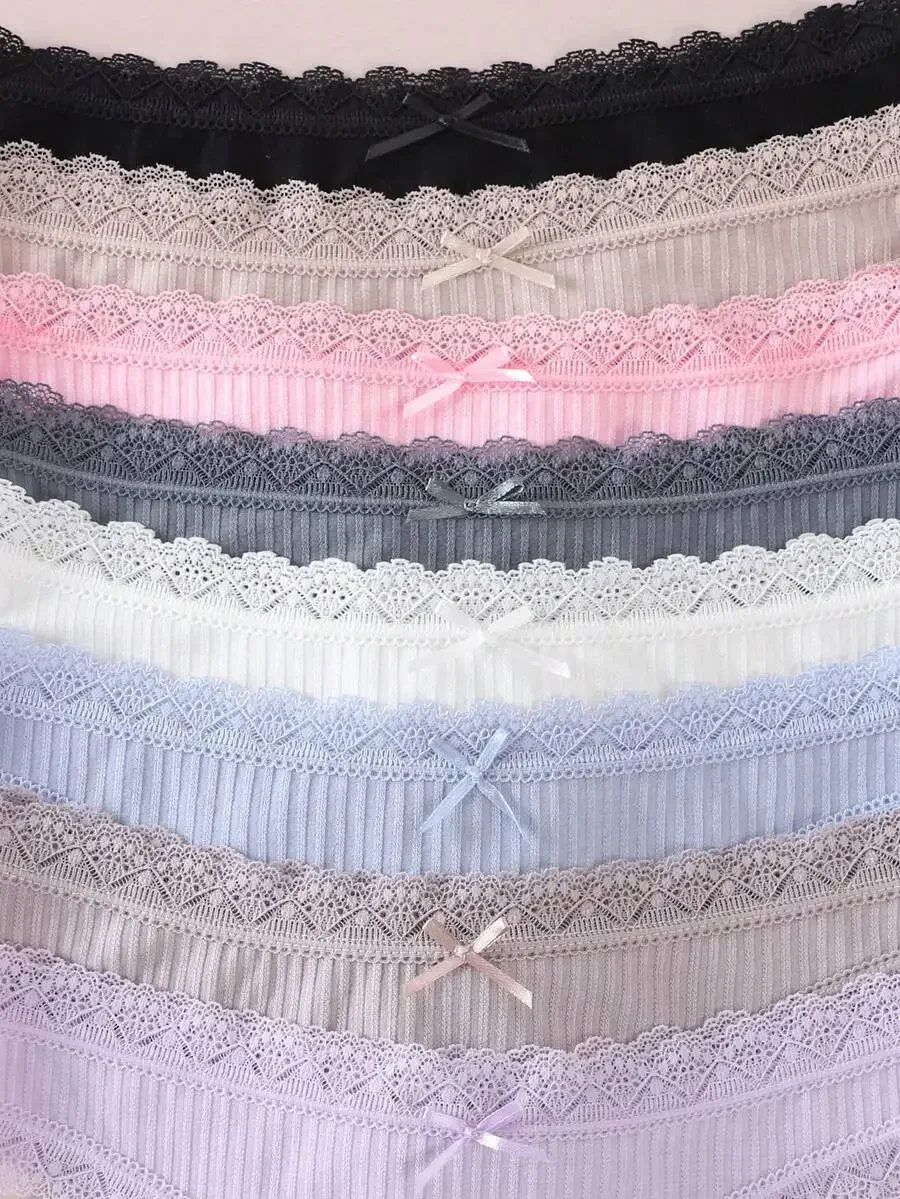 

8-Pack Women’s Ribbed Lace Thong Underwear With Delicate Bow Trim And Soft Elastic Waistband