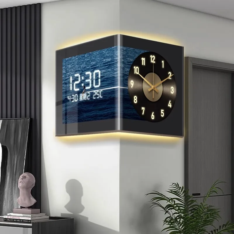 

Vinyl Record Pattern Corner Double-sided Wall Clock with Silent Digital Display (Pointer Style)