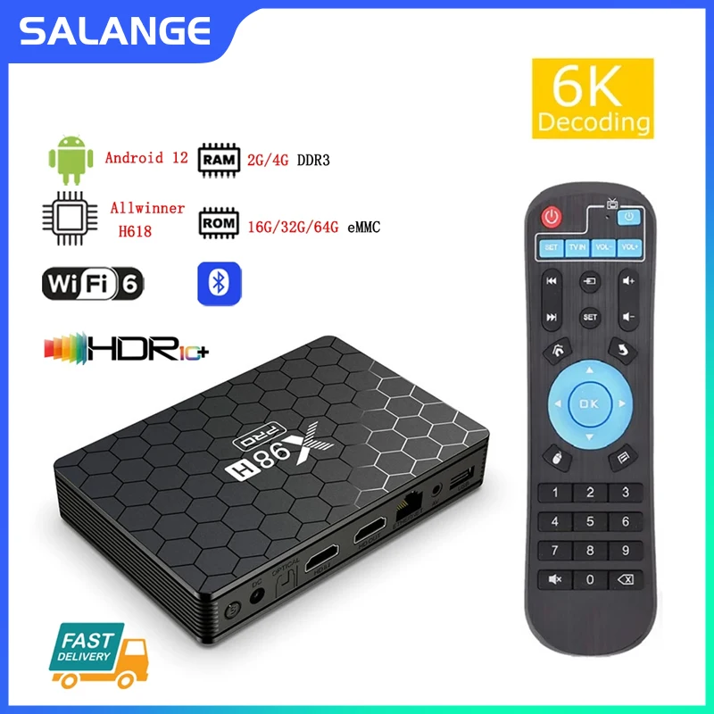 

Salange X98H Pro Smart TV Box Android 12 Quad Core HD 4K Input Output 2.4G 5G WIFI Allwinner H618 4G 64G TVBOX 1000M IPTV 2024