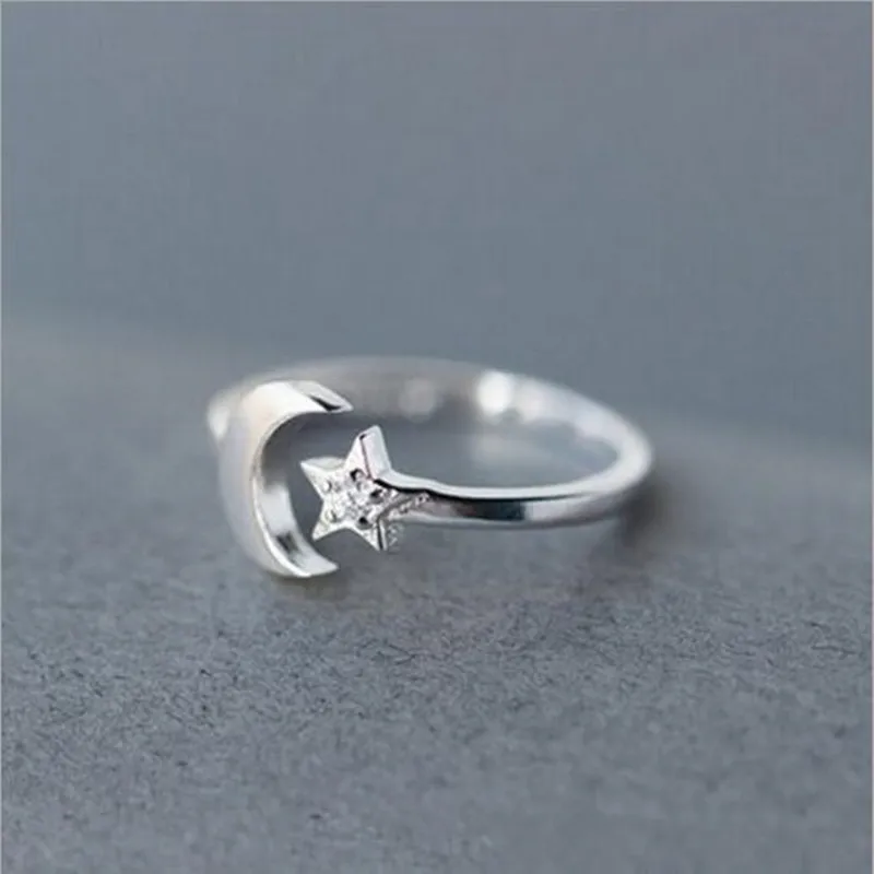 925 Sterling Silver Jewelry Simple Fashion Star And Moon Micro-inlaid Female Opening Rings   R153