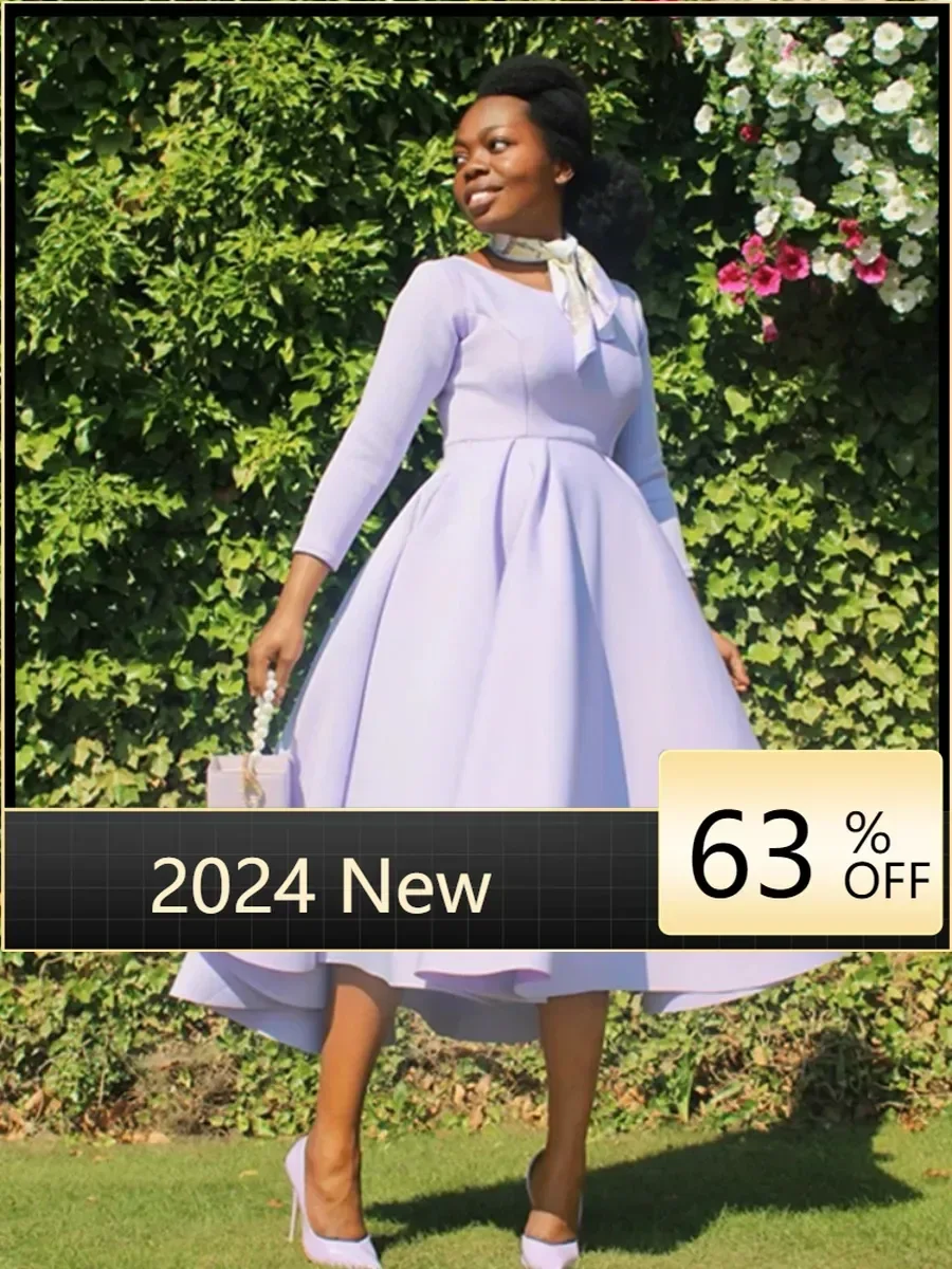 

2024 Autumen New Women Lavender A-Line Dress O Neck Long Sleeve Slim Elegant Pleated Robes African Female Prom Party Clothing