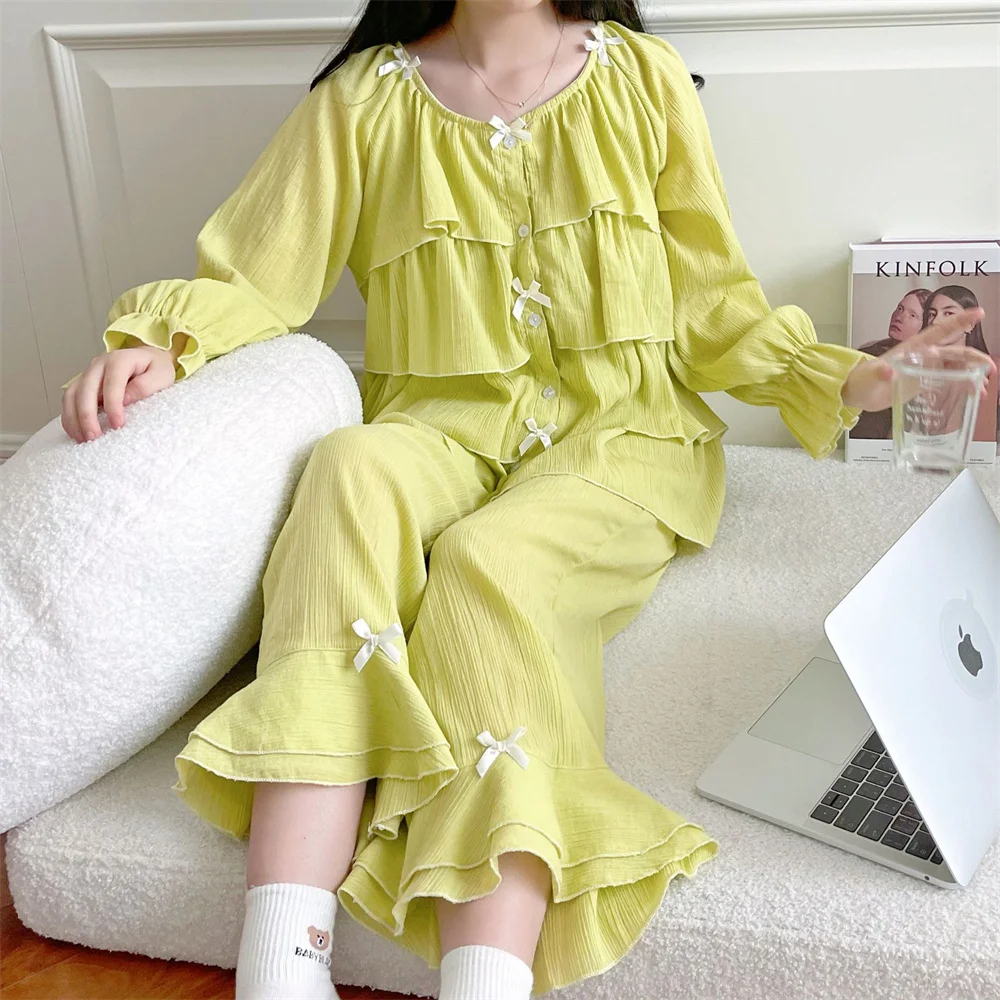 Swee Cute Cotton Pajamas Set Sleepwear Women Retro Palace Style Princess Pijamas Suit Loose White Ruffle Home Wear Loungewear