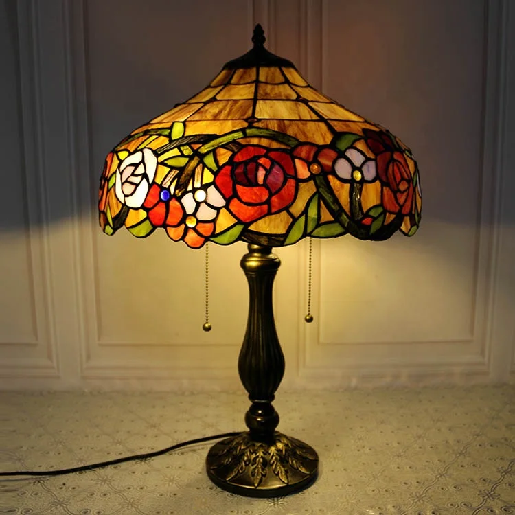 16Inch Style Handcrafted Dome Stained Glass Lampshade Table Lamp AC Powered LED 2700K E27 Mediterranean Bedside