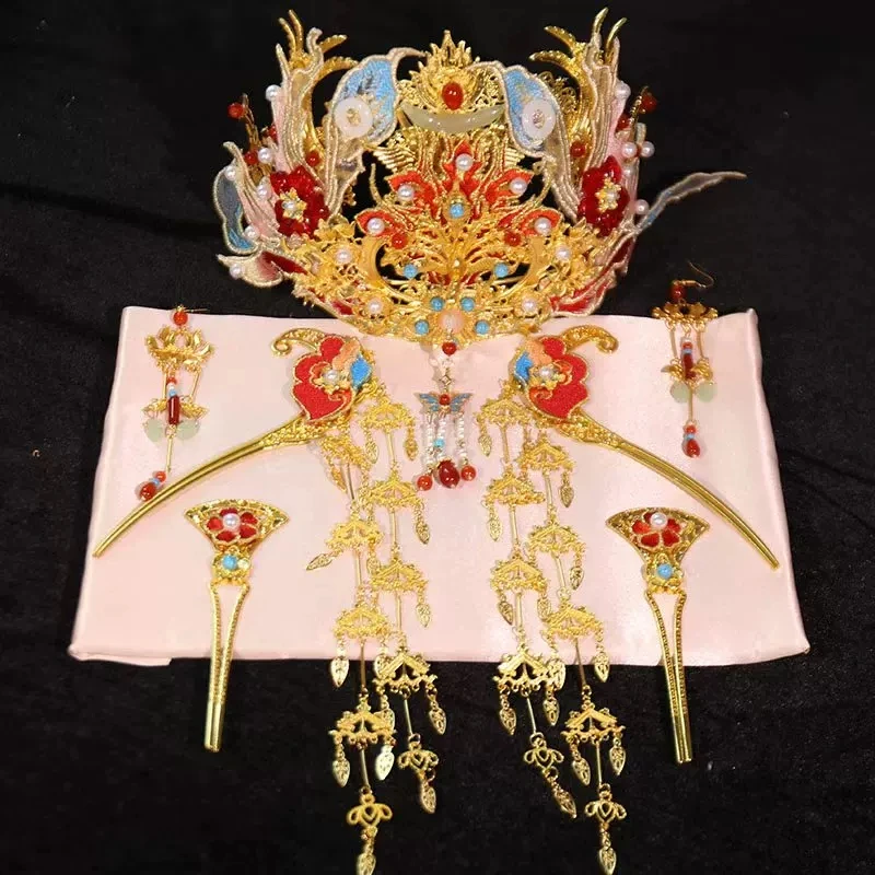 Chinese Vintage Workmanship Fringe Phoenix Hair Crown Set Girls Hanfu Xiuhe Bride Headwear Jewelries