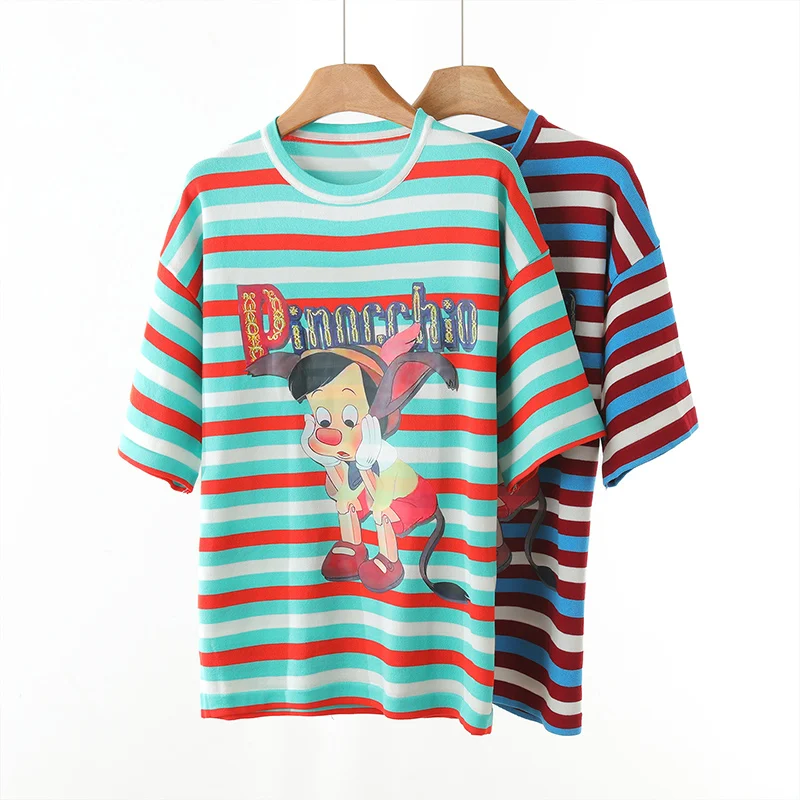 

Women's Summer Casual T-Shirt 100% Pure Cotton Knitted round Neck Short Sleeve Loose Striped Pullover Top Cool