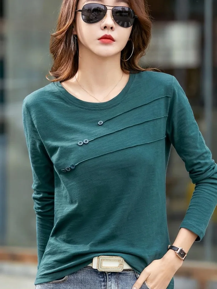 Tuangbiang 2023 Herfst Geribbelde Knop O-hals Bamboe Katoenen T-shirt Vrouwen Losse Mode Slanke T-shirt Dames Lange Mouwen Groen Tops