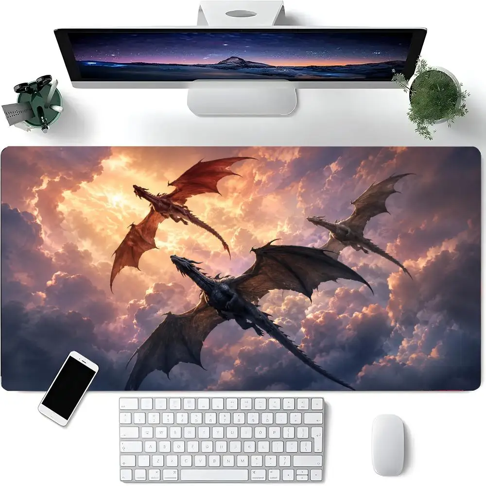 Fantasy Dragons Flying In Golden Sunset Cloudscape Large Mouse Pad, Smooth Non Slip Desk Mat For Office & Gamer Use