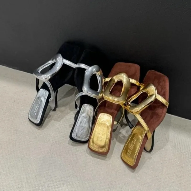 Special-shaped Heel Sandals Women's Summer New Open-toed Metal Buckle with Block Heel Beach Half Slippers Women Sandals 35-39