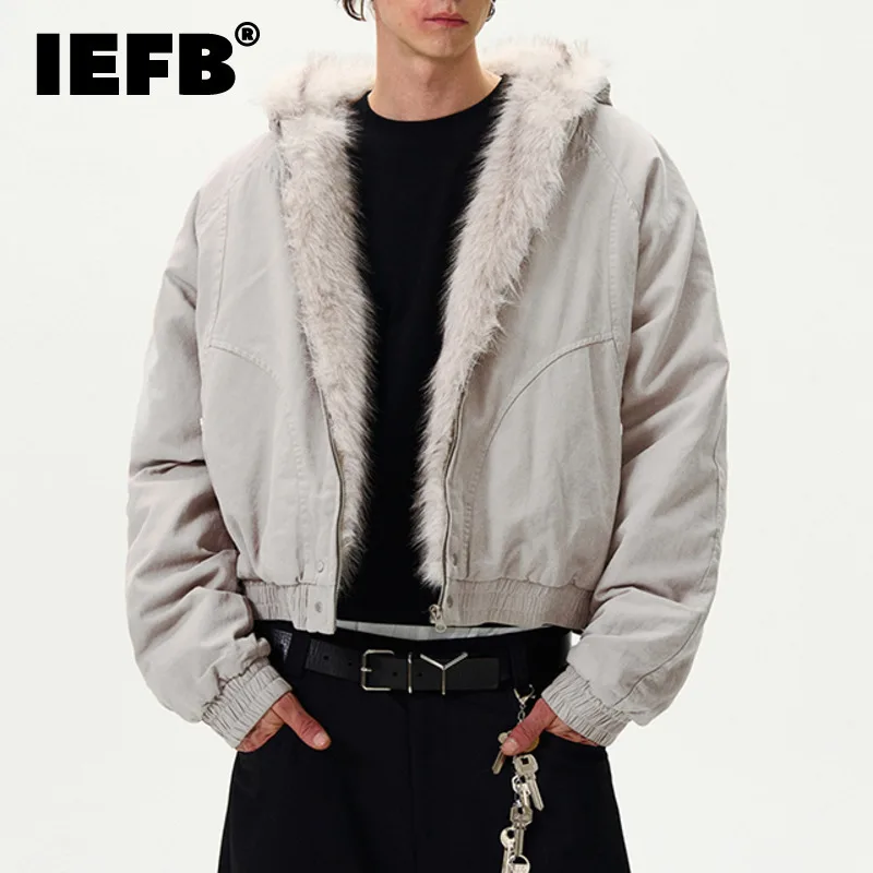 IEFB American Style Men's Padded Jackets Hooded Solid Color Faux Fur Vintage Casual Tops Deconstruction Fleece Male Coats 9X1146