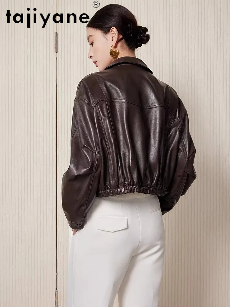 TAJIYANE オイルワックス羊革レザーコート レディース ショート丈 スタイリッシュコート 本革ジャケット 2025年秋 レディース服 дубленка женская（女性用毛皮コート）