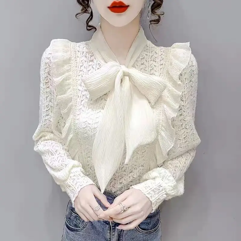 女性用リボン付きスリムシャツ,フリル,スカーフ,ドローストリング,エレガント,ファッショナブル,カンジュート,甘い,春,秋