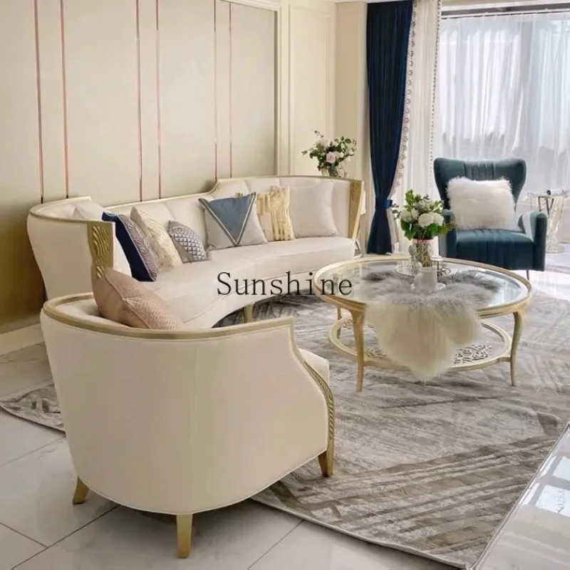 American rural light luxury fabric three-person sofa solid wood soft bag combination, curved carved living room villa