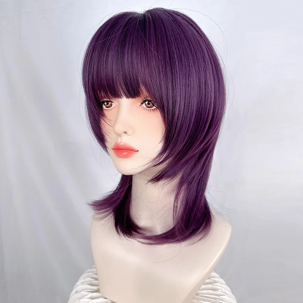 Mullet Head Short Straight Synthetic Purple Women Wig with Bangs Lolita Cosplay Fluffy Heat Resistant Wig for Daily Party