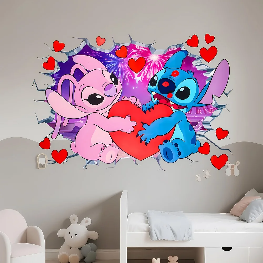 1 ملصق حائط/ملصق حائط لعيد الميلاد بطابع ديزني يتميز بالغرز والملاك كزوجين، مع قلوب حمراء نابضة بالحياة وتصميم الألعاب النارية الملونة، مناسب لتزيين الأماكن الداخلية والنافذة والشرفة والمرآة