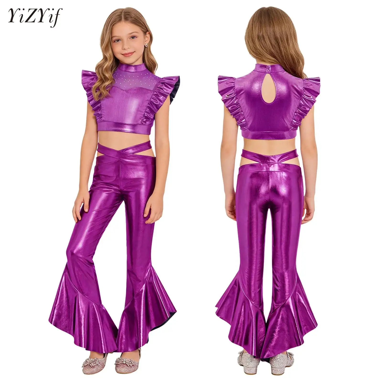 

Kids Girls 2 Pieces 70S Disco Party Jazz Waltz Dance Costumes Metallic Sleeveless Latin Dance Crop Top with Pants Dancing Sets