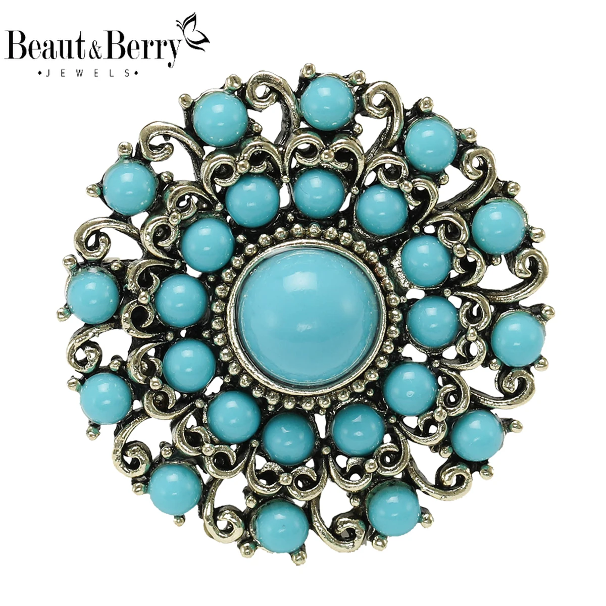 Beaut&Berry Classic Round Turkish Brooches for Women Turquoise Flower Pin Friends Party Gift Jewellery Accessories