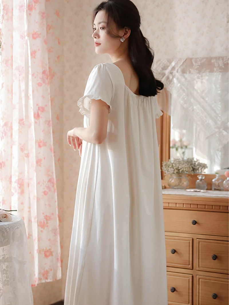 Women Summer Short Sleeve Ruffles Romantic Victorian Nightdress Cotton Vintage Princess Lace-up Loose Fairy Nightgowns Sleepwear