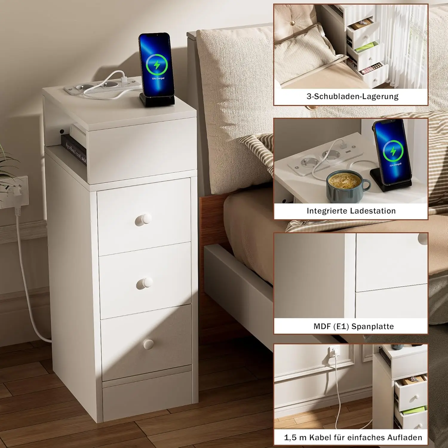 Mesita de Noche Estrecha con Enchufe Mesitas de Noche Estrecha con 3 cajones y 2 Comparitementos de Almacenamiento Mesa Auxiliar #5