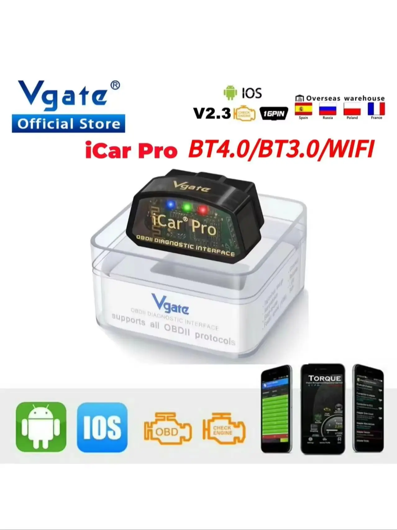 Vgate iCar Pro ELM327 WIFI OBD2 Scanner voor IOS/Android BT 4.0 BT 3.0 ELM 327 OBD 2 Auto Diagnose Tool Scan tool Codelezer - afbeelding 2