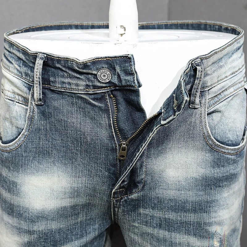 Fashion Designer Men Jeans Retro Washed Blue Stretch Slim Fit Ripped Jeans Men Embroidery Patched Vintage Denim Pants Hombre