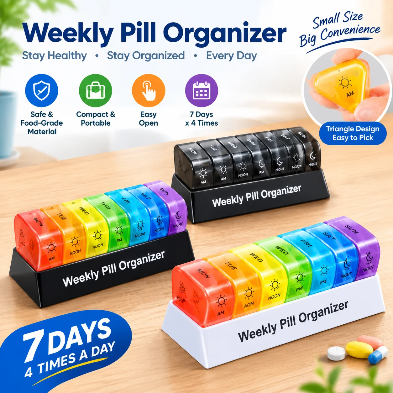 Triangular 21 Compartment Pill Organizer 7 Day Morning Noon Evening Sealed Mini Medicine Box BPA Free Travel Drug Storage Case