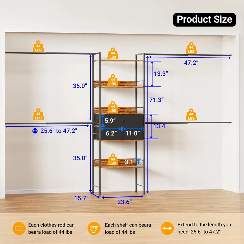 Walk in Closet Organizers and Storage with 4 Hanging Rods, Wall Mounted Bedroom Heavy Duty Clothes Rack