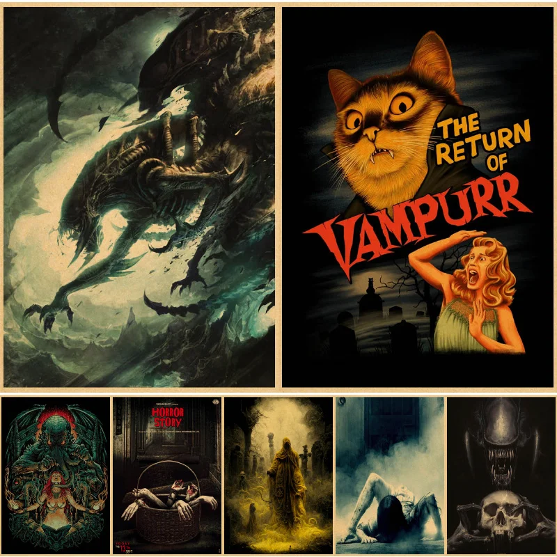 Horror Poster Film Retro Kraft Paper Posters  Vintage Home Room Bar Cafe Cinema Decor Aesthetic Art Wall Painting