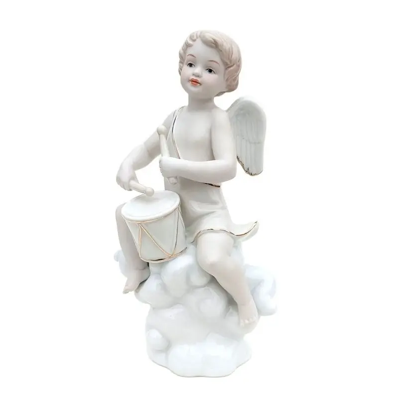 Classic Porcelain Music Angel Sculpture Ceramic Cloud Cupid Statue Living Room Ornament Study Decor Festival Craft Furnishing