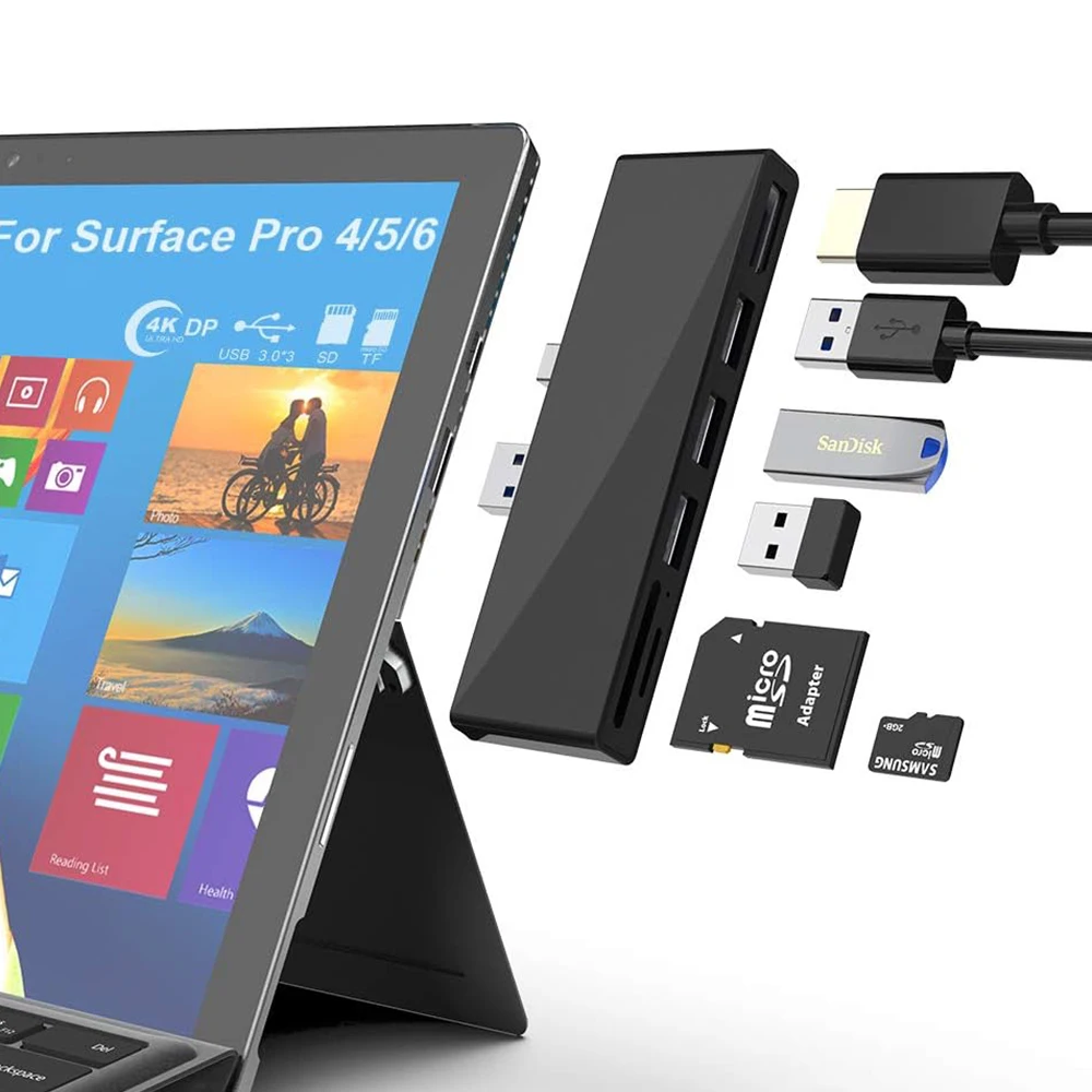Surface Pro USB 3.0 Hub Docking Station 6 in 1 Adapter with 4K DP Display Port, 3 USB (5 Gps), SD/TF Card for Surface Pro 6/5/4
