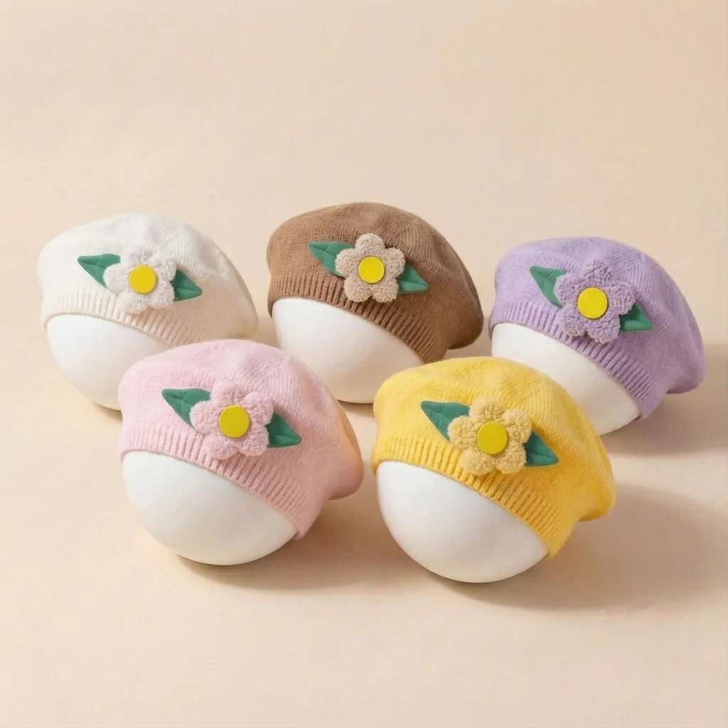 

Вязаная шапочка-берет для девочек 2026 года: очаровательная, с цветочным декором, для малышей, осенняя, милая, мягкая, для новорожденных, аксессуар для младенцев