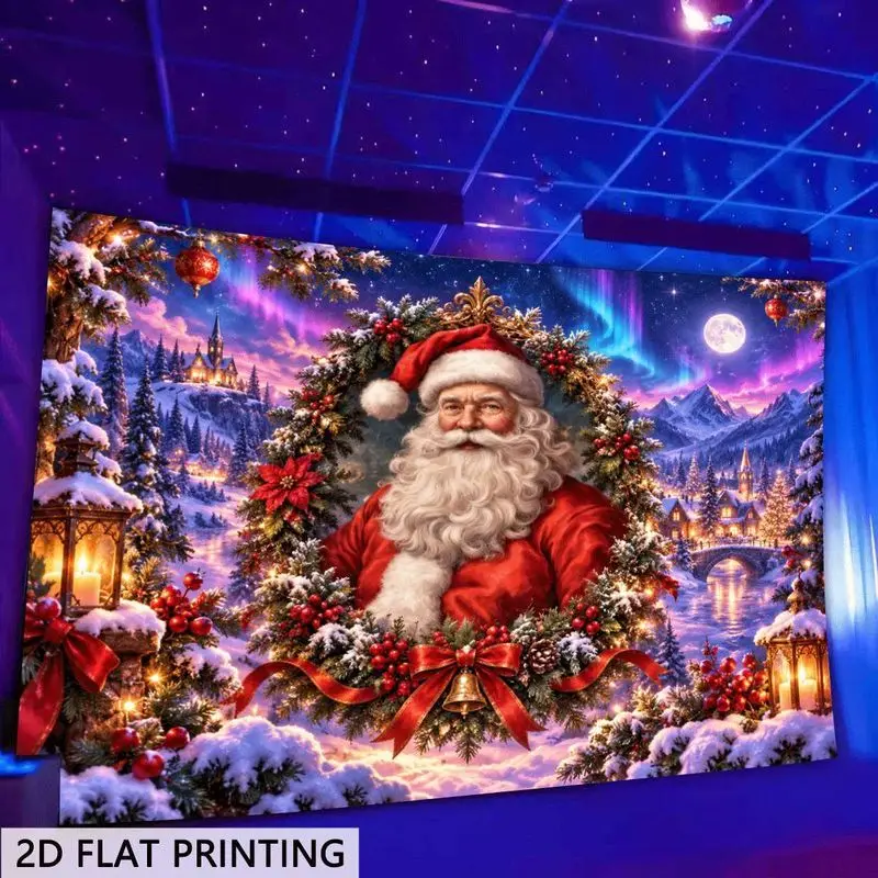 VIKAMA Santa Wreath Wall Art Tapestry, Christmas Night Village Scene with Castle Aurora Full Moon for Winter Holiday Decor