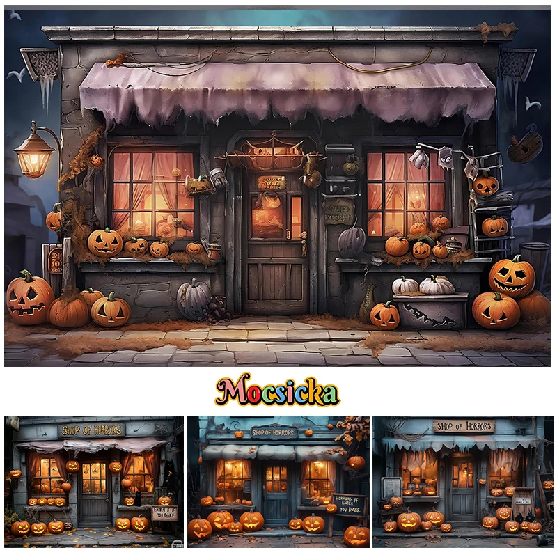 

Mocsicka Halloween Store Backdrop Photography Scary Hotel Pumpkin Decor Trick or Treat Kids Portrait Photo Background Banner