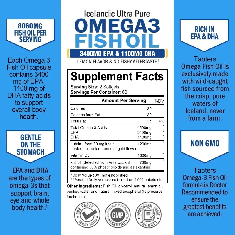 Fish Oil Omega 3 - Helps Improve Eyes, Joints, Antioxidants, Improves Skin Health, Brain Function and Supports Immunity