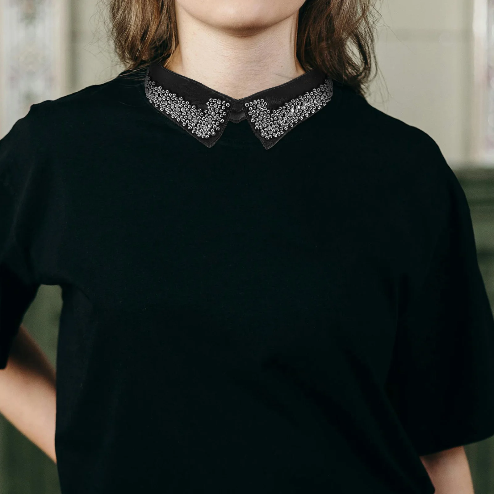 

Black Beaded Faux Collar Detachable Bling Accessory Stylish Choker Necklace Women's Vintage Fashion Upgrade Women's Beads Lapel