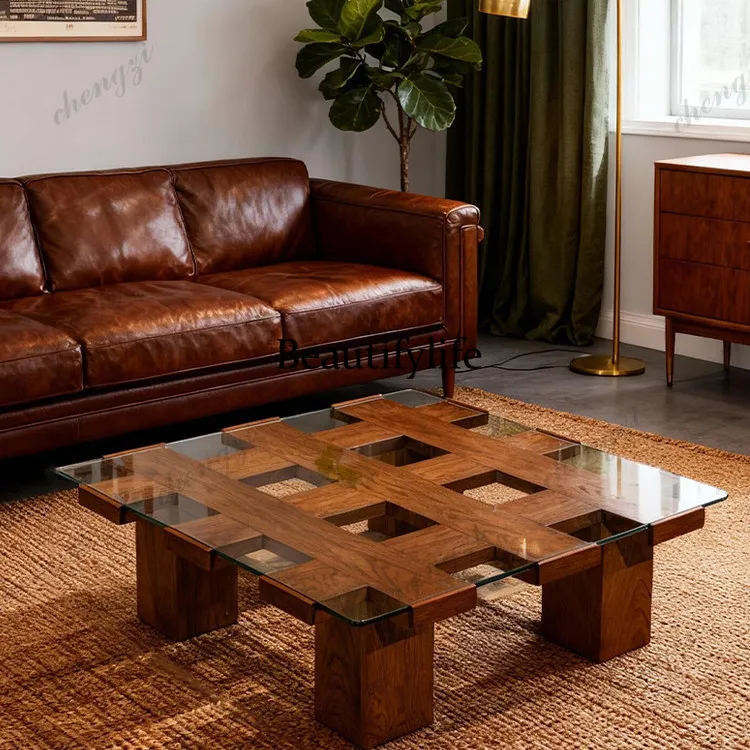 American retro solid wood glass tea several nine palace grid hollow design stable high-end living room furniture square table
