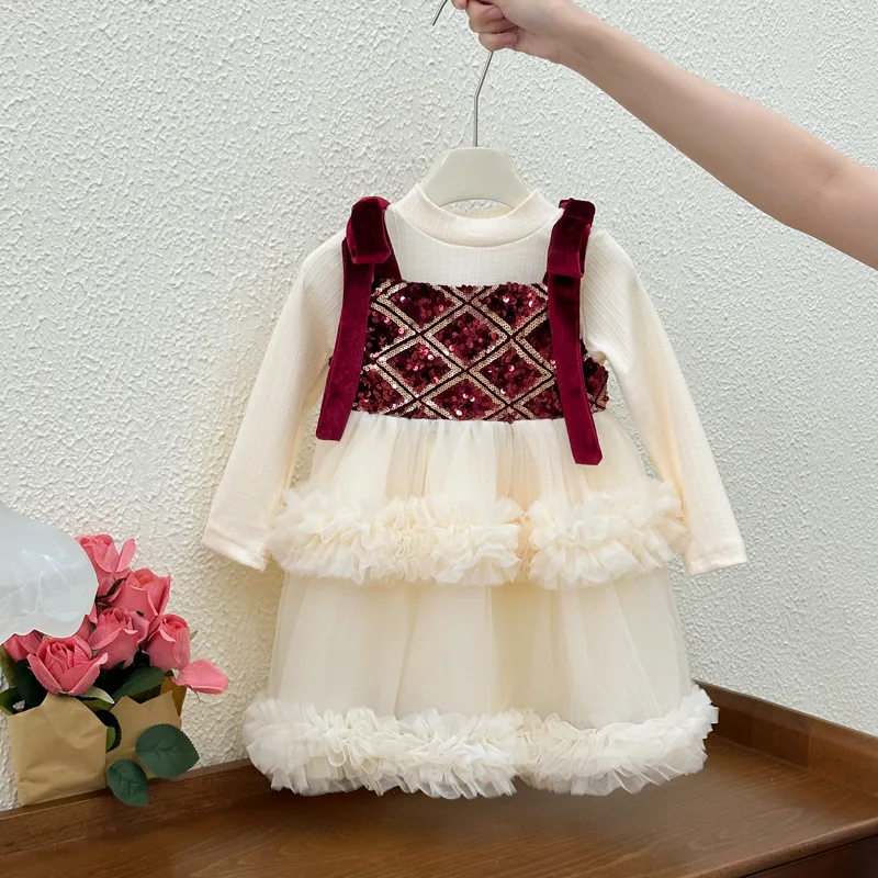 Girls' Dress2024Autumn New High-End Stylish Little Girl Dress Bow Princess Dress Two-Piece Suit Fashion