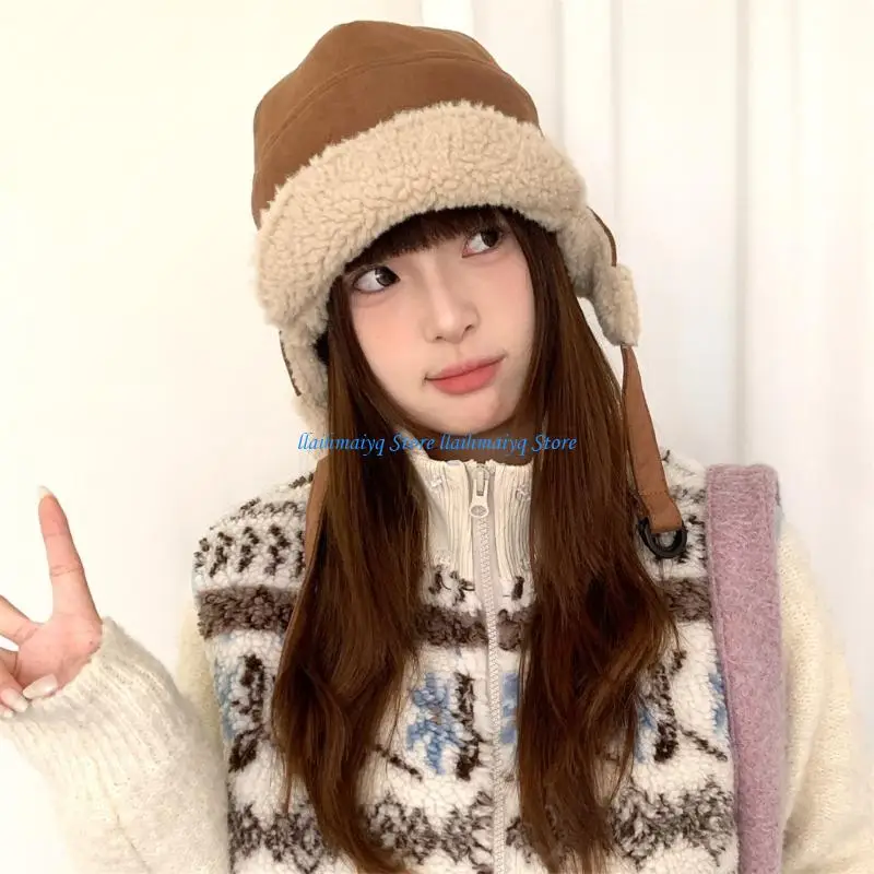 

573B Suedes Cold Weather Headwear Earflap Hat For Men Women Kids Windproof Autumn Hat for Skiing Outdoor Activity