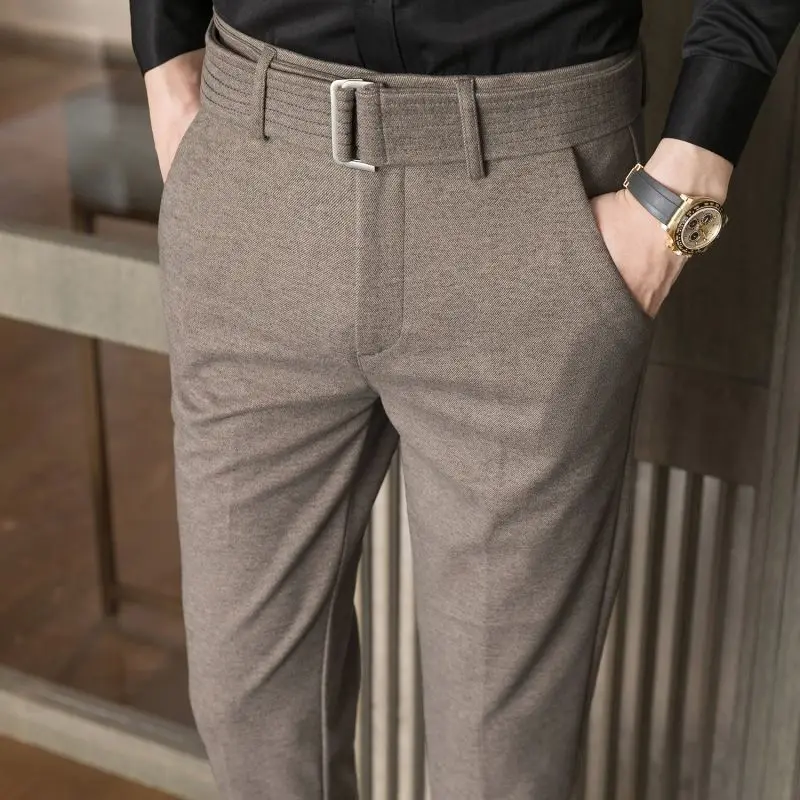 2023 Autumn and Winter Men\'s Fashion Solid Color Fabric Casual Thickened Wool Business Brushed Straight Tube Versatile Pants