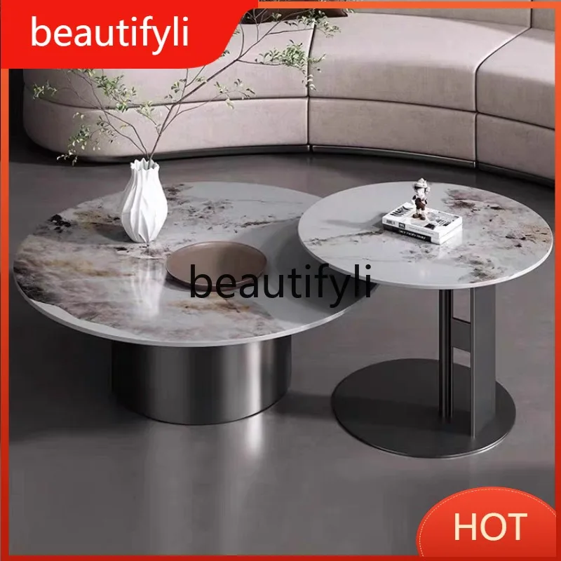 الحديثة الإيطالية الحد الأدنى مجموعة طاولة القهوة المستديرة غرفة المعيشة بلاطة الصخور كبيرة وصغيرة طاولات القهوة المستديرة الفولاذ المقاوم للصدأ K4050