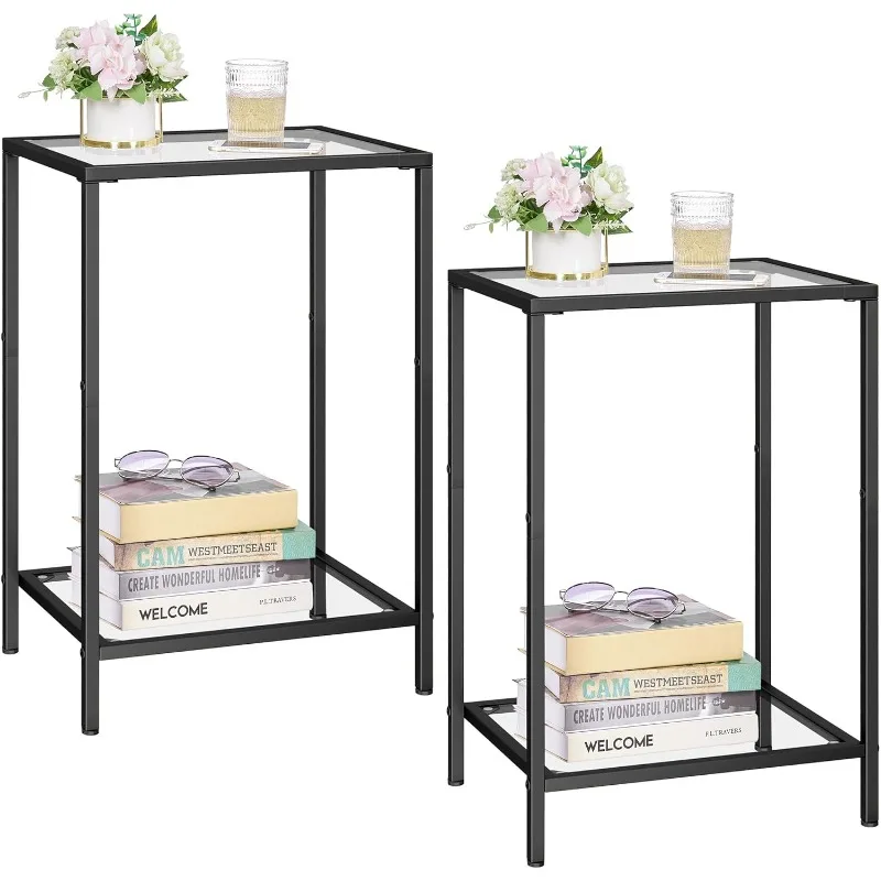 Side Tables Set of 2, End Tables with Tempered Glass, 2-Tier Nightstands with Storage Shelves, Slim Sofa Table for Living Room