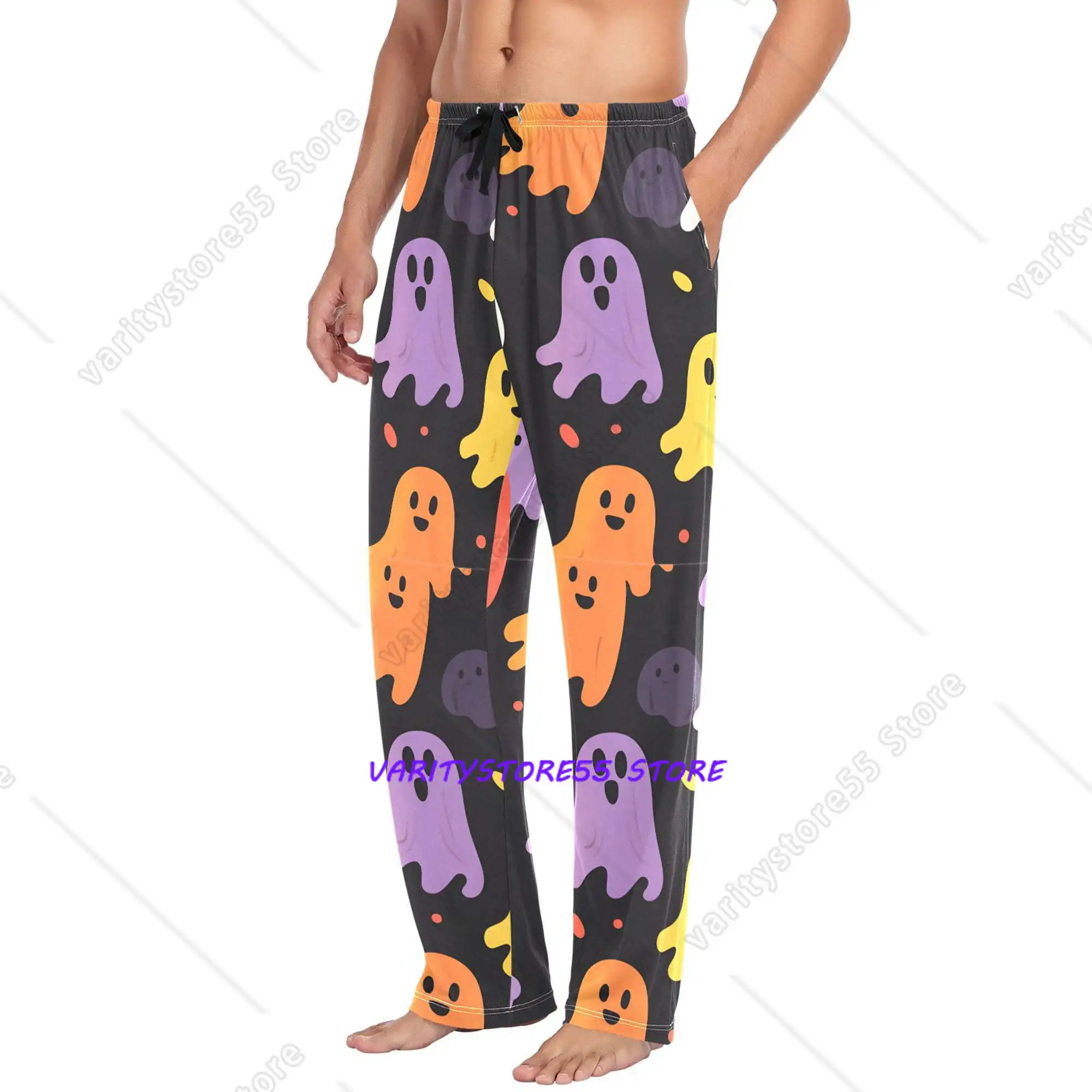 Mens Pajama Pants with Pockets Soft Cotton Sleepwear Lounge Bottoms Yellow Halloween Ghosts