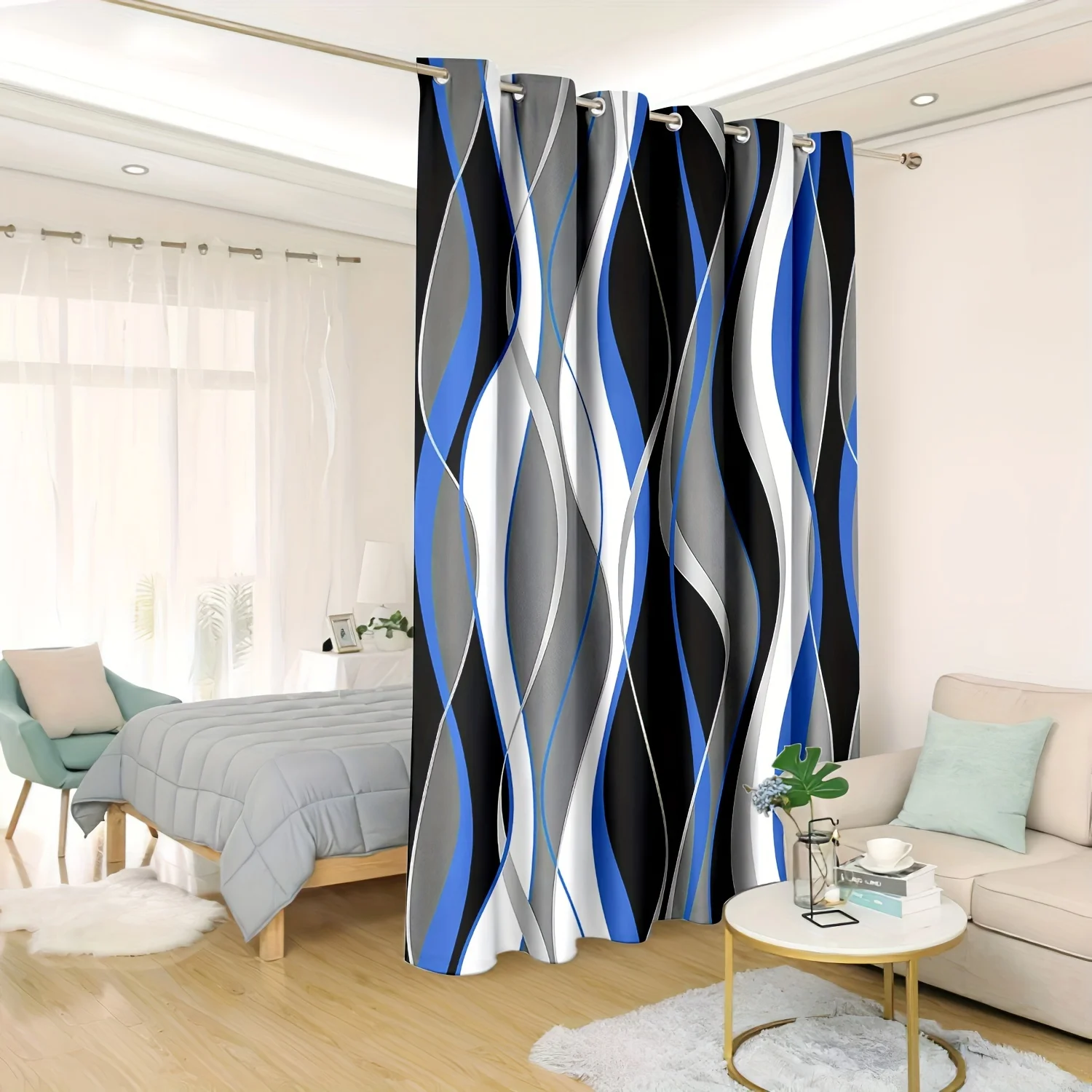 1pc Blue Diamond With Rose Red 3D Rotating Pattern Soft Line Black Princess Digital Printed Punch Curtain For LivingRoom Bedroom