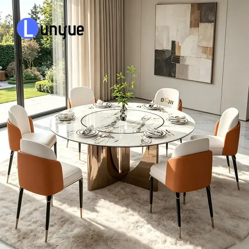 360 Degree Rotating Lazy Dining Table Mirror Rose Gold Engraved Round Hollow Base Built In Turntable Modern Home Furniture